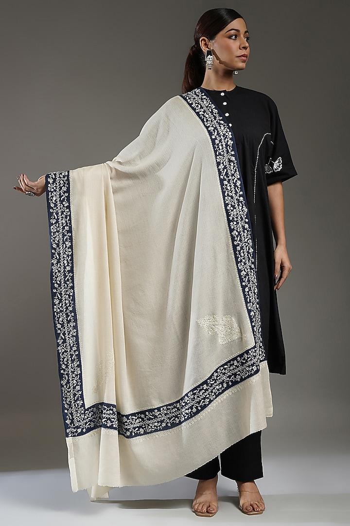Ivory & Blue Cashmere Embroidered Shawl by Shaza at Pernia's Pop Up Shop