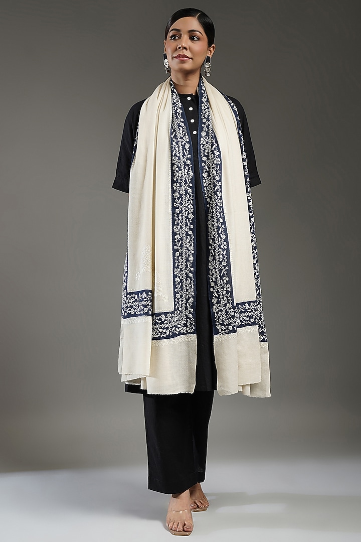 Ivory & Blue Cashmere Embroidered Shawl by Shaza at Pernia's Pop Up Shop