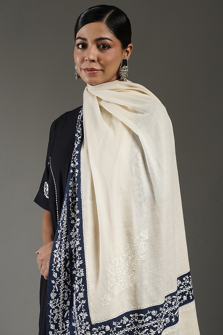 Ivory & Blue Cashmere Embroidered Shawl by Shaza at Pernia's Pop Up Shop