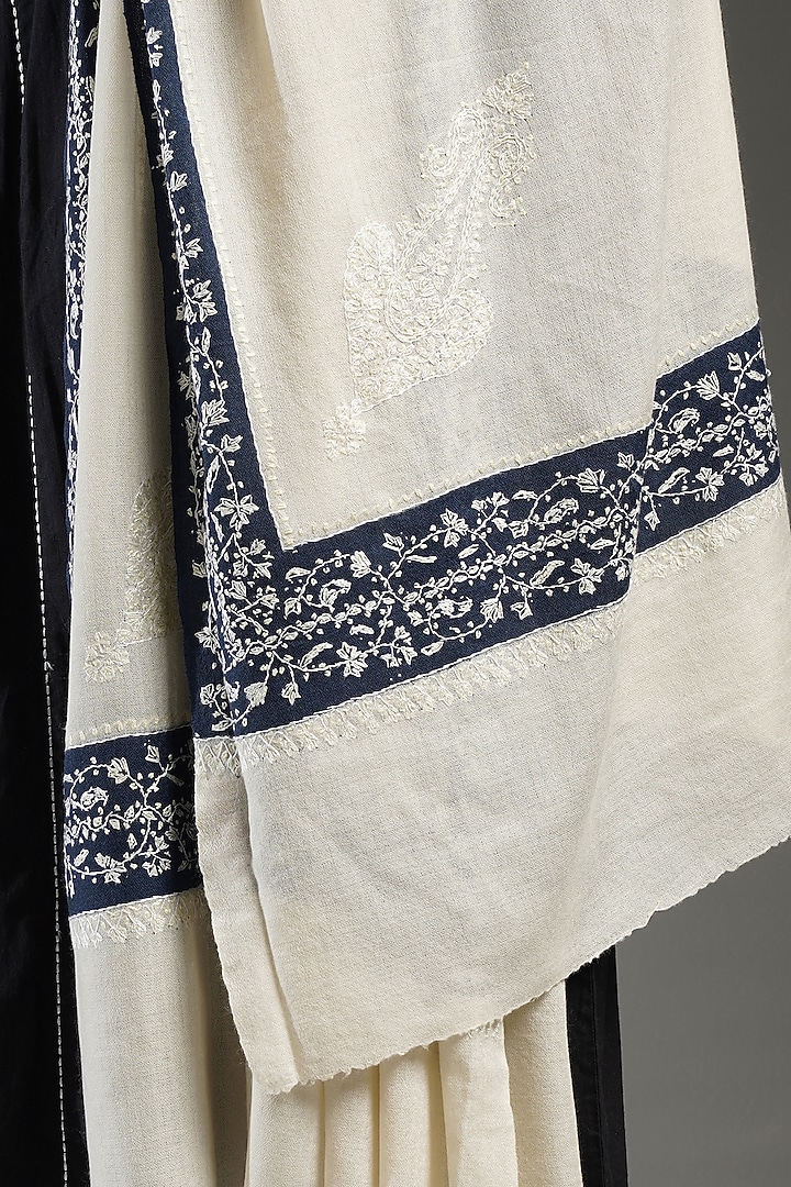 Ivory & Blue Cashmere Embroidered Shawl by Shaza at Pernia's Pop Up Shop