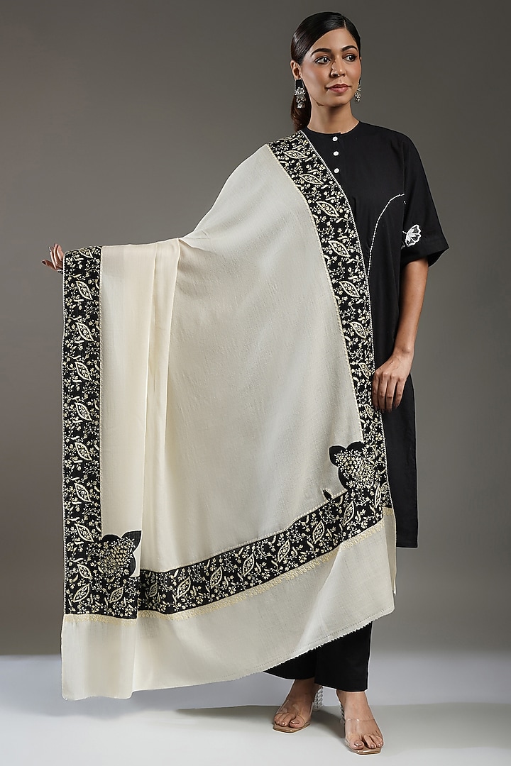 Ivory & Black Cashmere Embroidered Shawl by Shaza at Pernia's Pop Up Shop