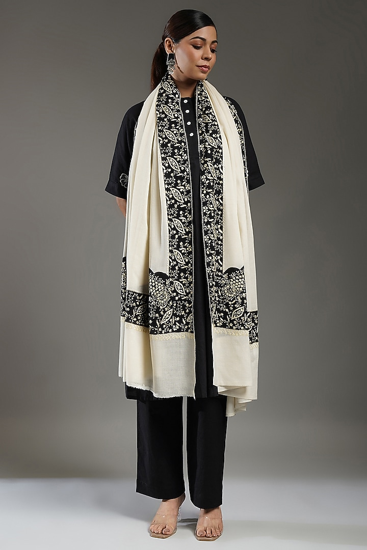 Ivory & Black Cashmere Embroidered Shawl by Shaza at Pernia's Pop Up Shop