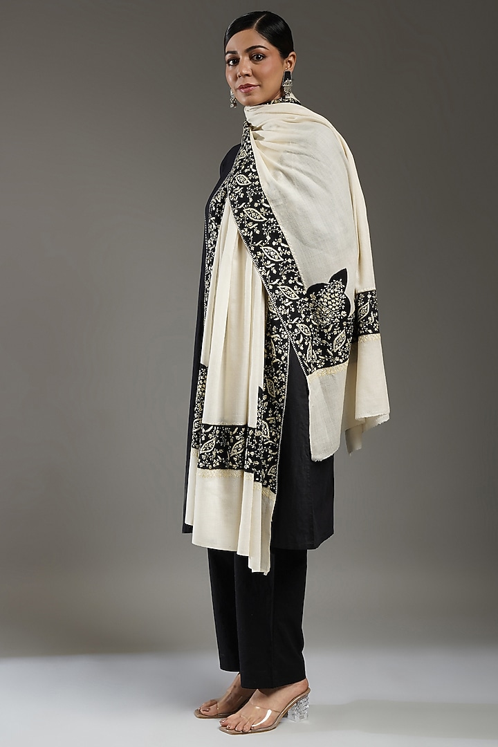 Ivory & Black Cashmere Embroidered Shawl by Shaza at Pernia's Pop Up Shop
