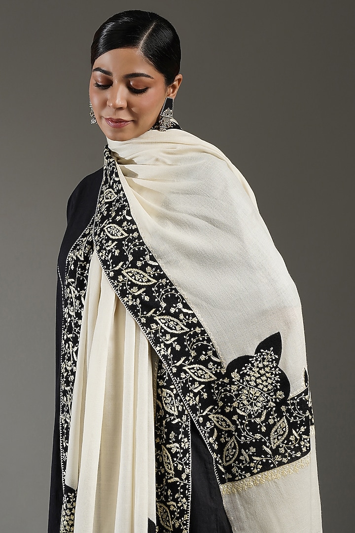 Ivory & Black Cashmere Embroidered Shawl by Shaza at Pernia's Pop Up Shop