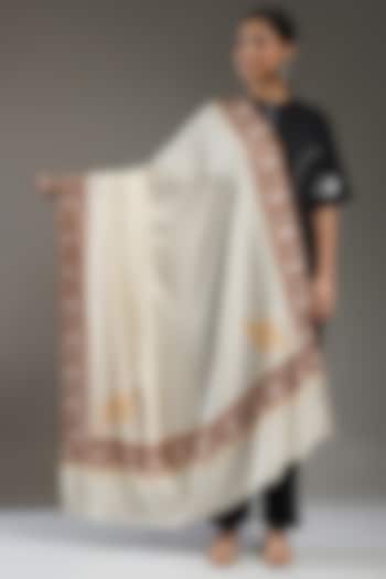 Ivory & Brown Cashmere Embroidered Shawl by Shaza at Pernia's Pop Up Shop