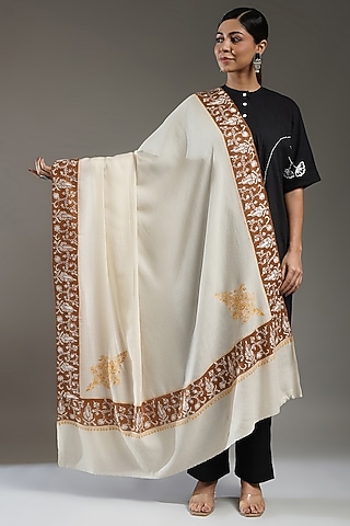 Ivory & Brown Cashmere Embroidered Shawl by Shaza