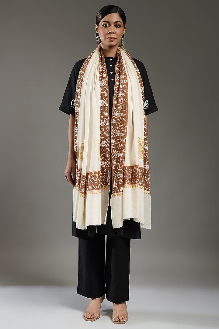 Ivory & Brown Cashmere Embroidered Shawl by Shaza at Pernia's Pop Up Shop