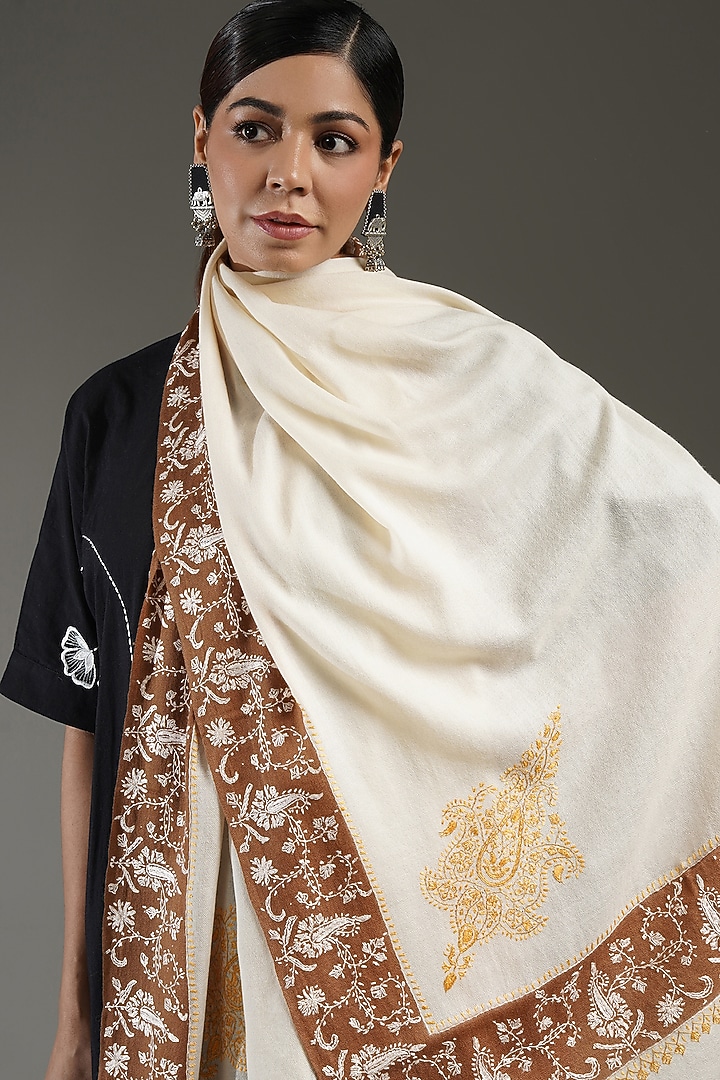 Ivory & Brown Cashmere Embroidered Shawl by Shaza at Pernia's Pop Up Shop