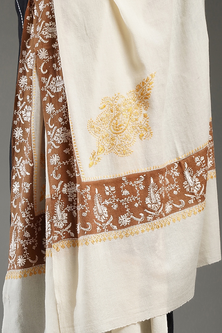 Ivory & Brown Cashmere Embroidered Shawl by Shaza at Pernia's Pop Up Shop