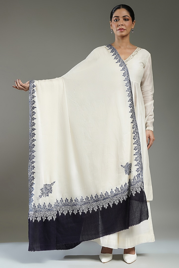 Ivory & Blue Cashmere Floral Embroidered Shawl by Shaza at Pernia's Pop Up Shop