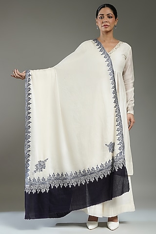 Ivory & Blue Cashmere Floral Embroidered Shawl by Shaza