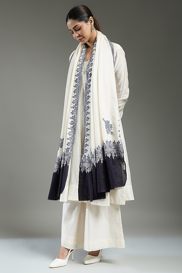 Ivory & Blue Cashmere Floral Embroidered Shawl by Shaza at Pernia's Pop Up Shop