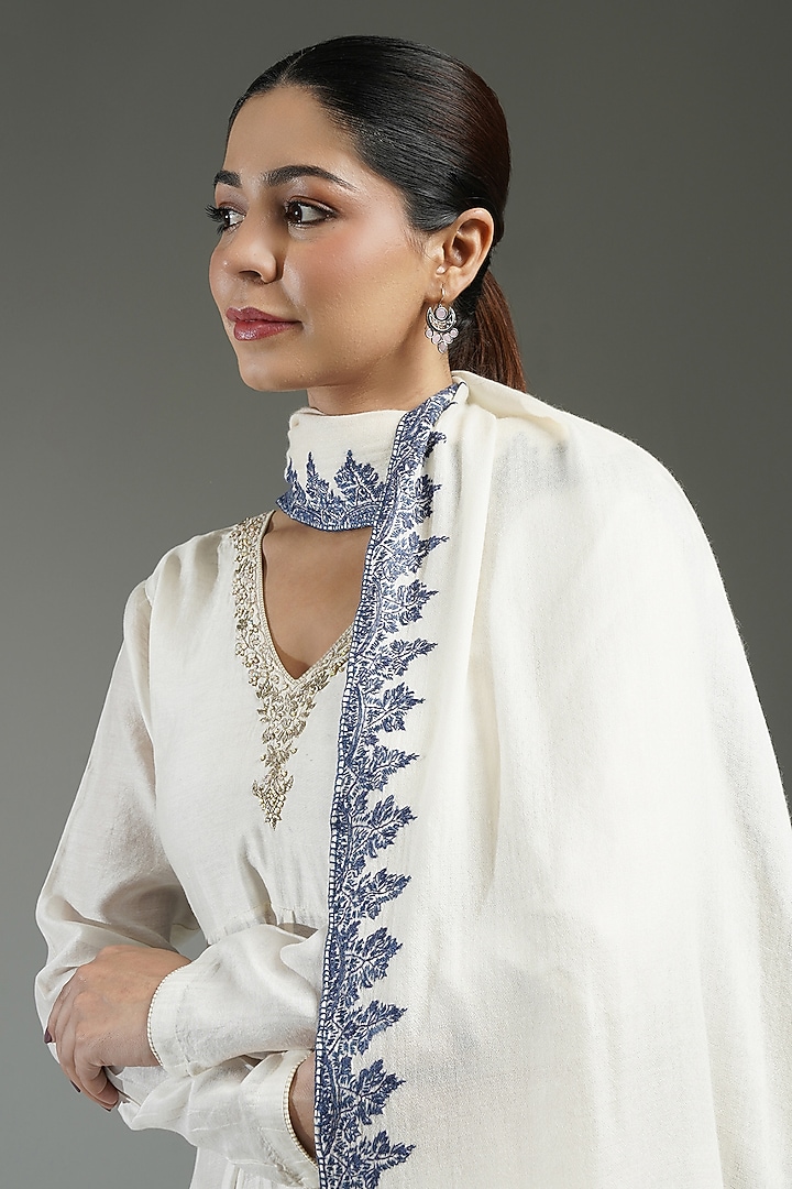 Ivory & Blue Cashmere Floral Embroidered Shawl by Shaza at Pernia's Pop Up Shop