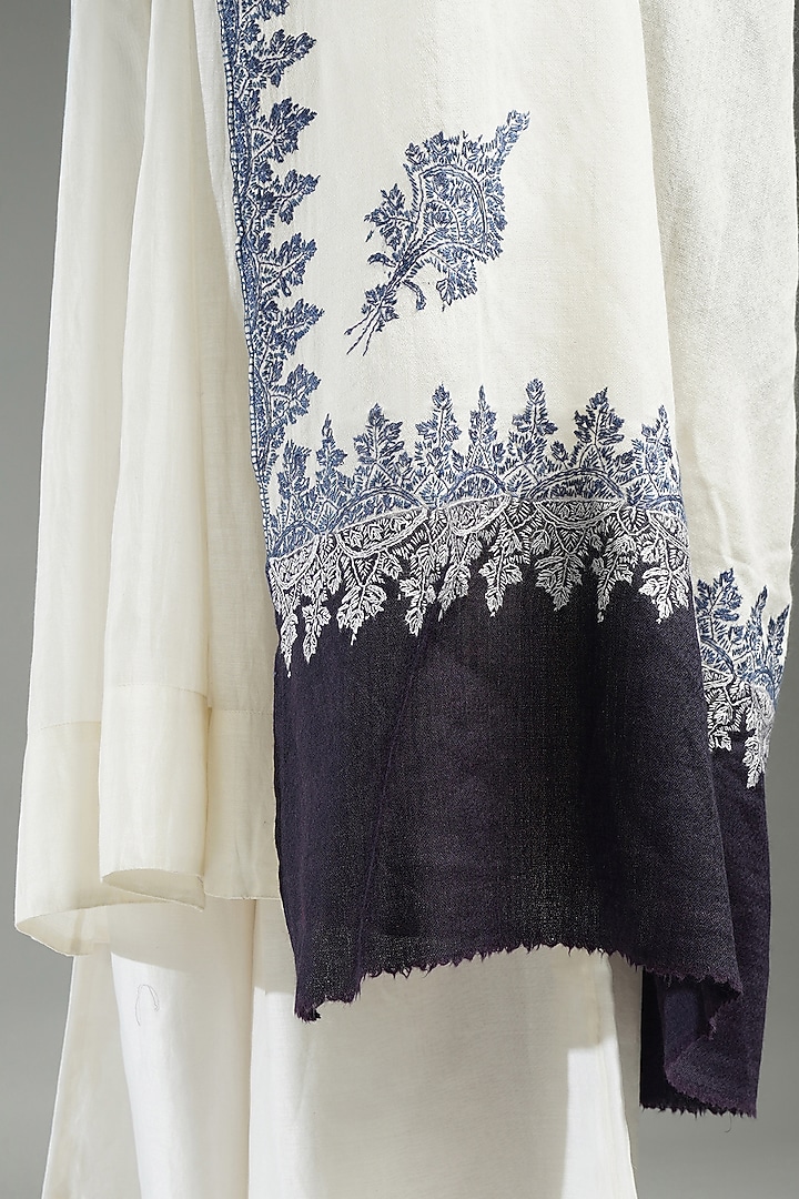 Ivory & Blue Cashmere Floral Embroidered Shawl by Shaza at Pernia's Pop Up Shop