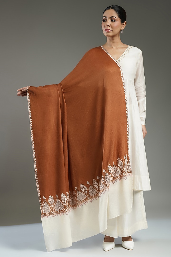 Brown & Ivory Cashmere Embroidered Shawl by Shaza at Pernia's Pop Up Shop