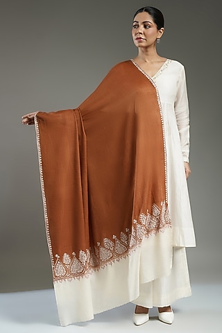 Brown & Ivory Cashmere Embroidered Shawl by Shaza