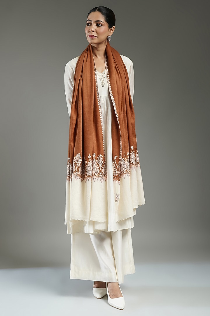 Brown & Ivory Cashmere Embroidered Shawl by Shaza at Pernia's Pop Up Shop