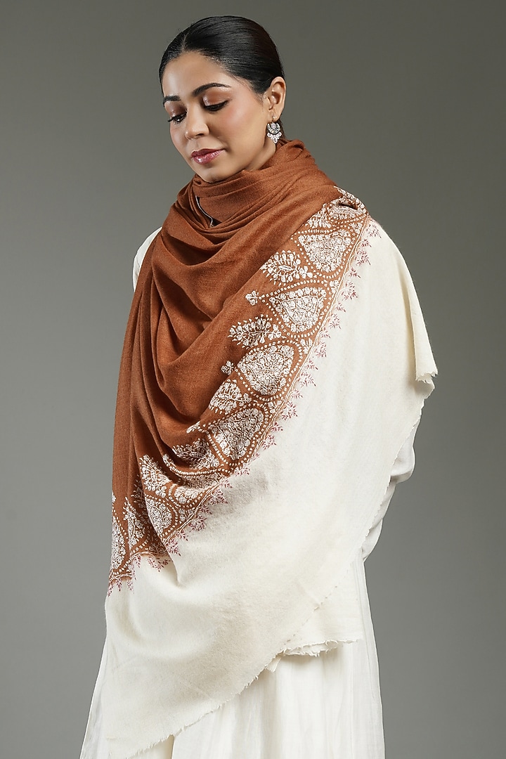 Brown & Ivory Cashmere Embroidered Shawl by Shaza at Pernia's Pop Up Shop