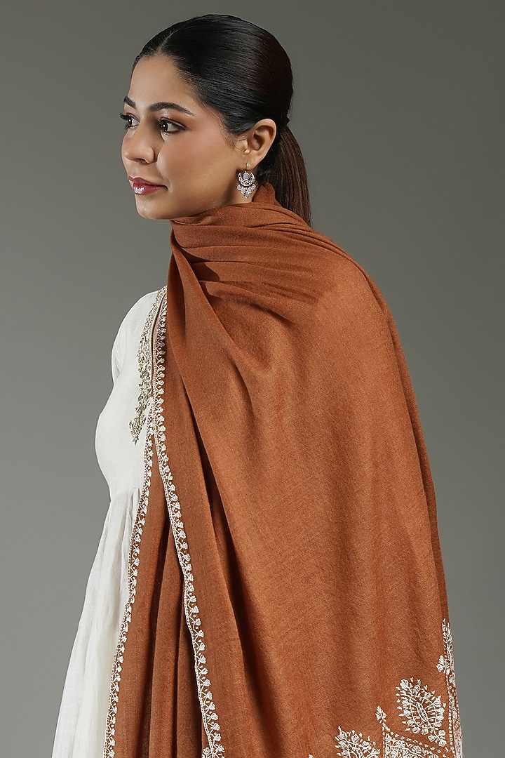 Brown & Ivory Cashmere Embroidered Shawl by Shaza at Pernia's Pop Up Shop