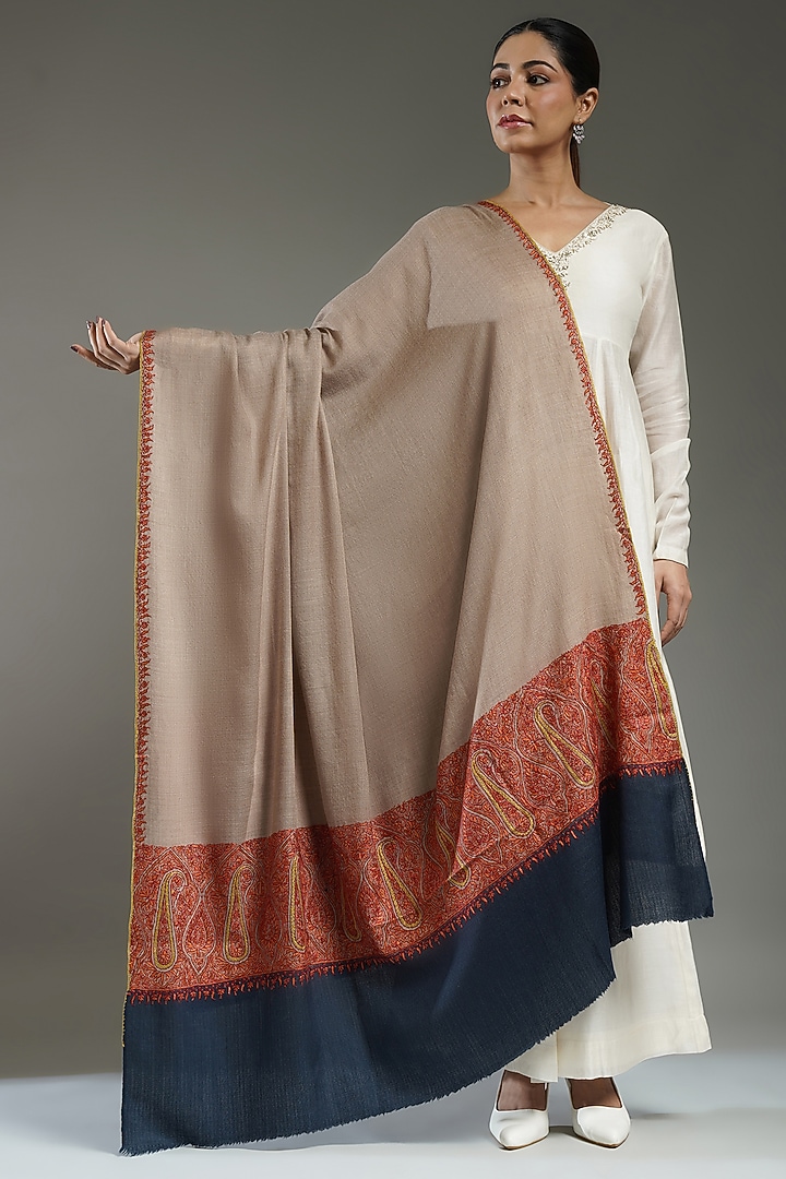Brown & Blue Cashmere Embroidered Shawl by Shaza at Pernia's Pop Up Shop