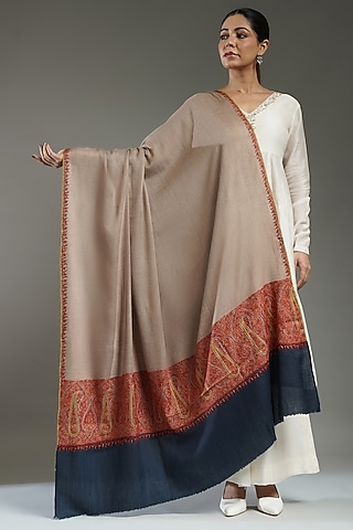Brown & Blue Cashmere Embroidered Shawl by Shaza