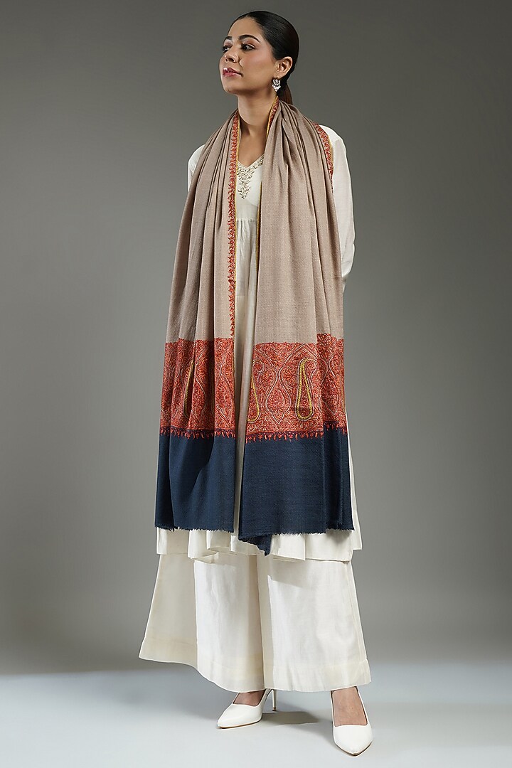 Brown & Blue Cashmere Embroidered Shawl by Shaza at Pernia's Pop Up Shop