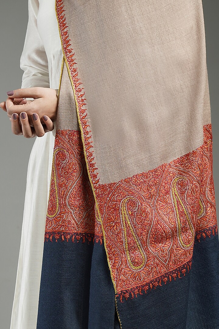 Brown & Blue Cashmere Embroidered Shawl by Shaza at Pernia's Pop Up Shop