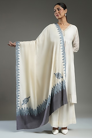 Ivory & Grey Cashmere Embroidered Shawl by Shaza