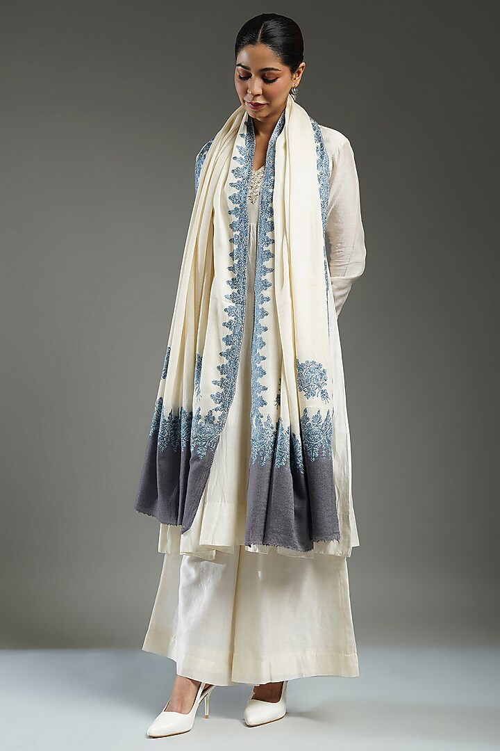 Ivory & Grey Cashmere Embroidered Shawl by Shaza at Pernia's Pop Up Shop
