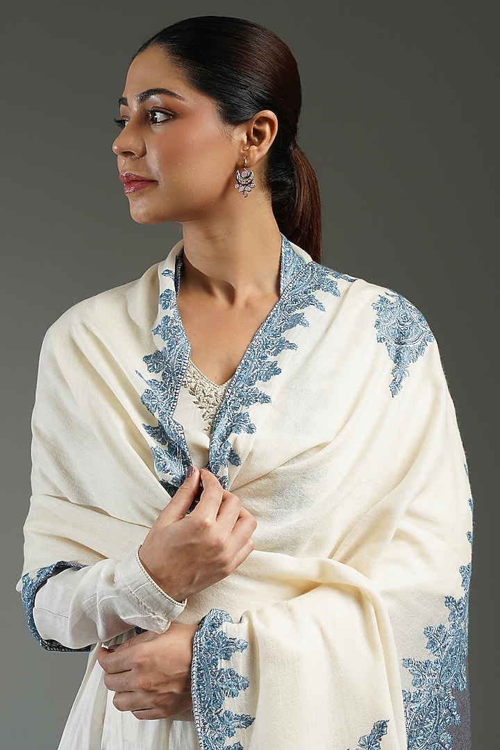 Ivory & Grey Cashmere Embroidered Shawl by Shaza at Pernia's Pop Up Shop