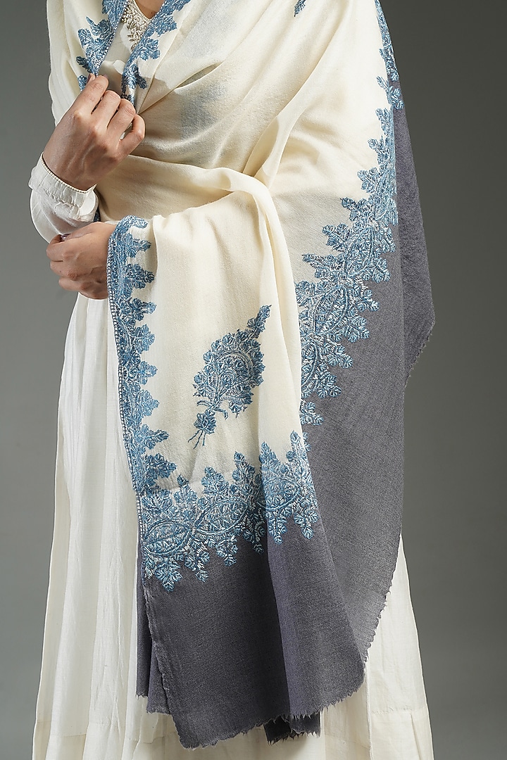 Ivory & Grey Cashmere Embroidered Shawl by Shaza at Pernia's Pop Up Shop