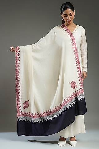 Ivory & Black Cashmere Embroidered Shawl by Shaza