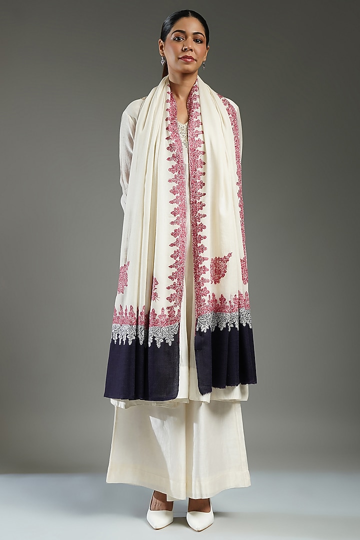 Ivory & Black Cashmere Embroidered Shawl by Shaza at Pernia's Pop Up Shop