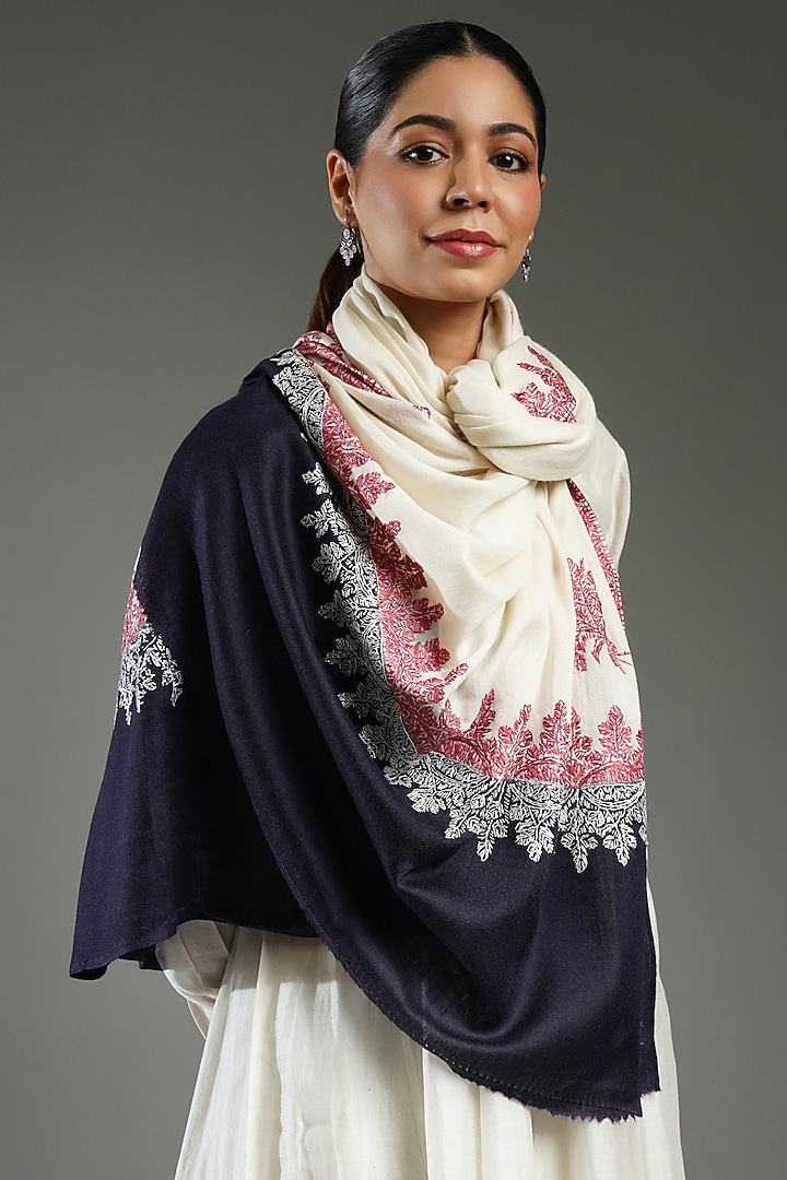 Ivory & Black Cashmere Embroidered Shawl by Shaza at Pernia's Pop Up Shop