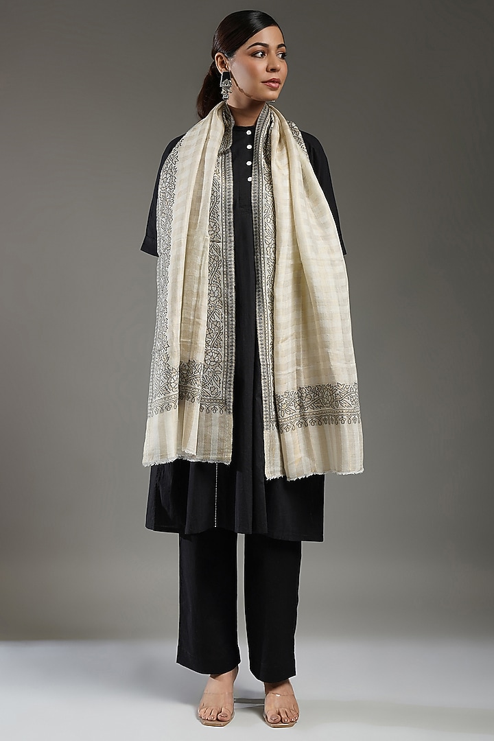 Ivory-Gold Fine Wool Stole by Shaza at Pernia's Pop Up Shop