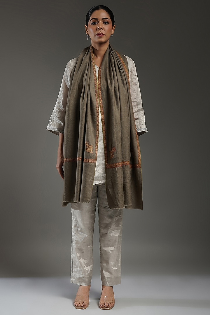 Brown Handloom Pashmina Hand Embroidered Stole by Shaza at Pernia's Pop Up Shop