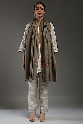Brown Handloom Pashmina Hand Embroidered Stole by Shaza