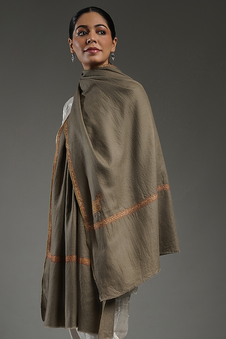 Brown Handloom Pashmina Hand Embroidered Stole by Shaza at Pernia's Pop Up Shop