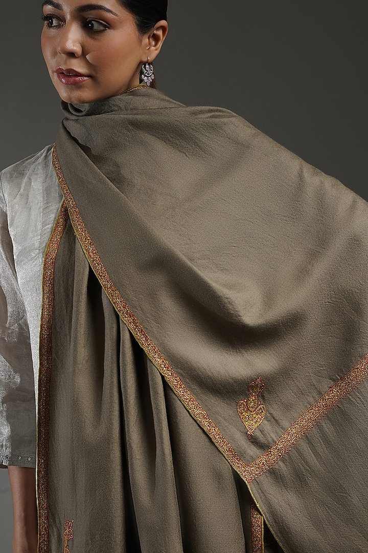 Brown Handloom Pashmina Hand Embroidered Stole by Shaza at Pernia's Pop Up Shop