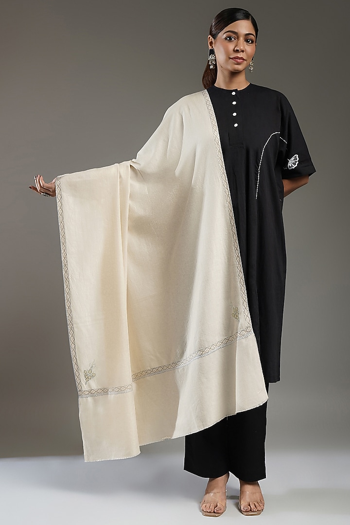 Ivory Handloom Pashmina Needlework Stole by Shaza at Pernia's Pop Up Shop