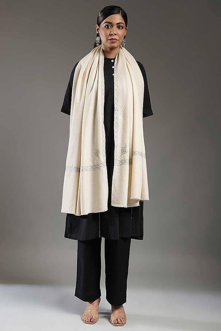Ivory Handloom Pashmina Needlework Stole by Shaza at Pernia's Pop Up Shop