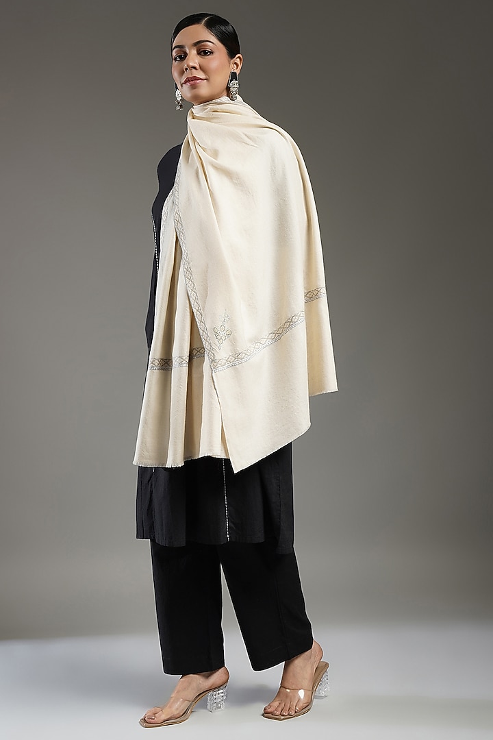 Ivory Handloom Pashmina Needlework Stole by Shaza at Pernia's Pop Up Shop