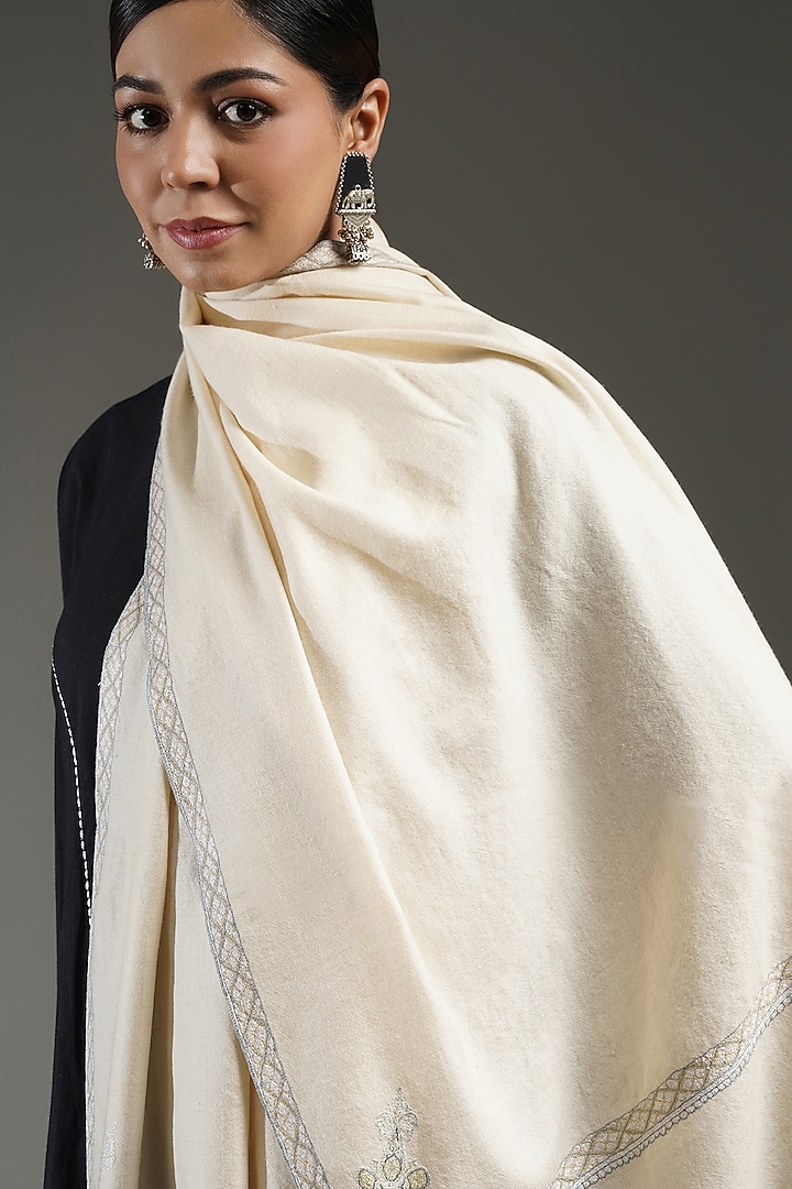 Ivory Handloom Pashmina Needlework Stole by Shaza at Pernia's Pop Up Shop