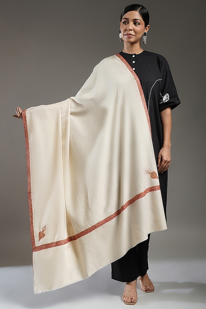 Ivory Handloom Pashmina Needlework Stole by Shaza at Pernia's Pop Up Shop
