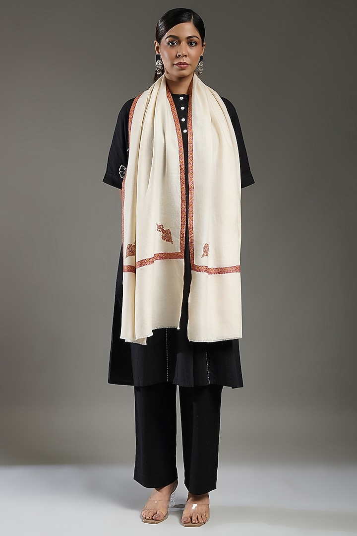 Ivory Handloom Pashmina Needlework Stole by Shaza at Pernia's Pop Up Shop