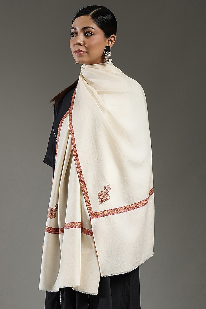 Ivory Handloom Pashmina Needlework Stole by Shaza at Pernia's Pop Up Shop