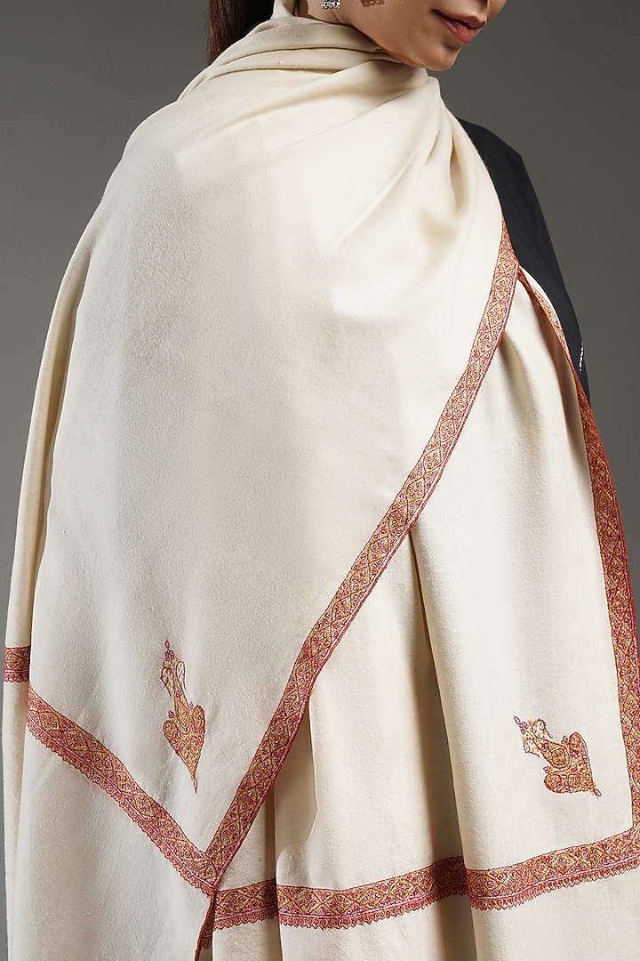 Ivory Handloom Pashmina Needlework Stole by Shaza at Pernia's Pop Up Shop