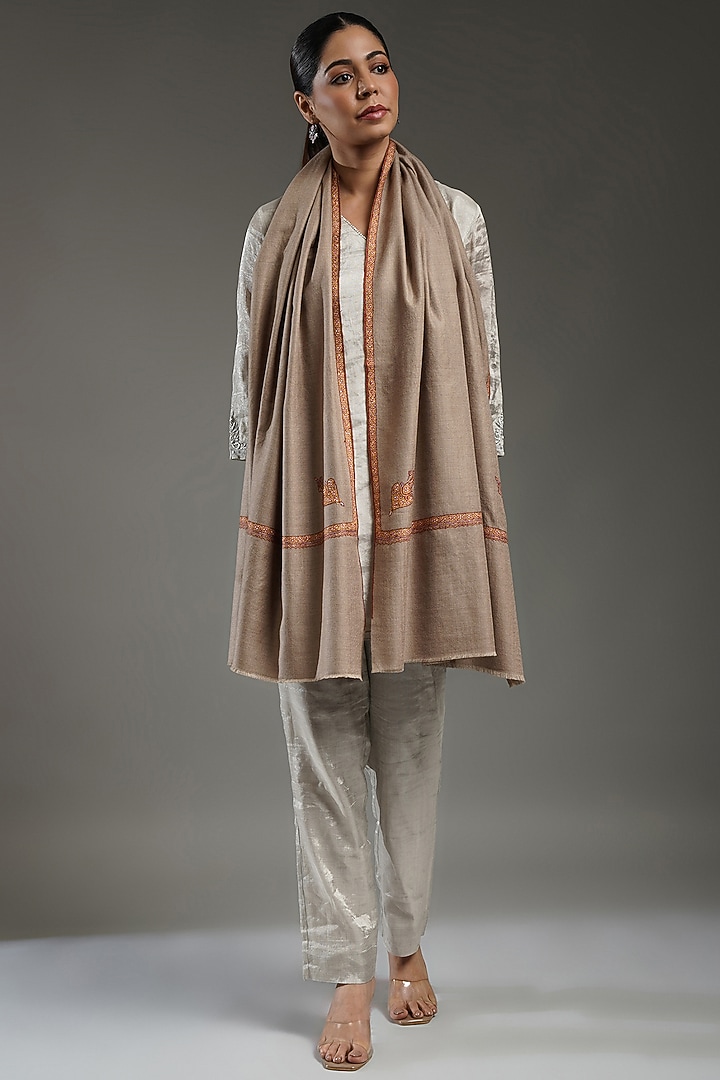 Soft Beige Handloom Pashmina Hand Embroidered Stole by Shaza at Pernia's Pop Up Shop