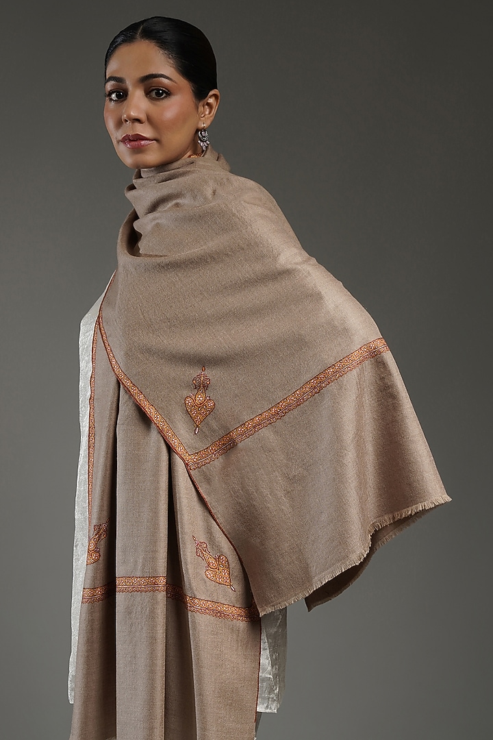 Soft Beige Handloom Pashmina Hand Embroidered Stole by Shaza at Pernia's Pop Up Shop