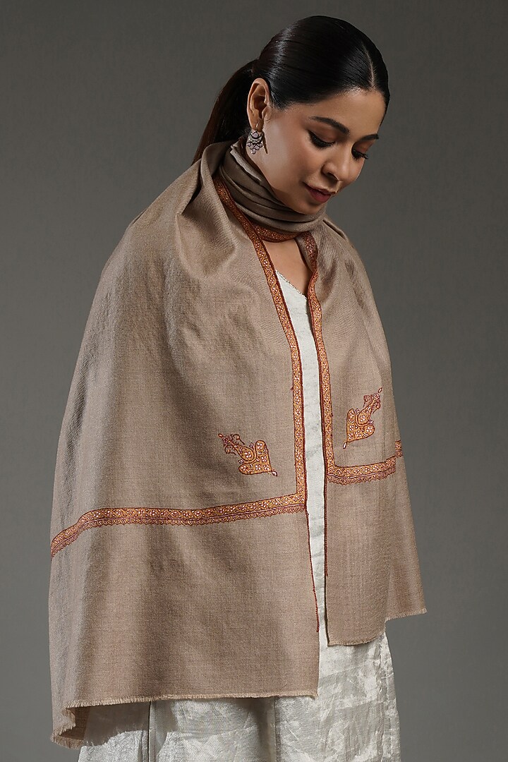 Soft Beige Handloom Pashmina Hand Embroidered Stole by Shaza at Pernia's Pop Up Shop